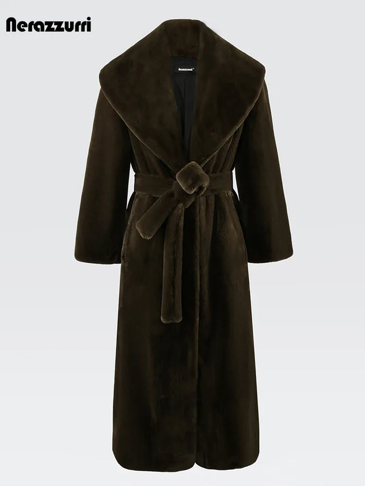 Nerazzurri Autumn Winter Luxury Elegant Chic Long Thick Warm Faux Sheared Mink Fur Coat Women with Sashes Furry Overcoat 2023