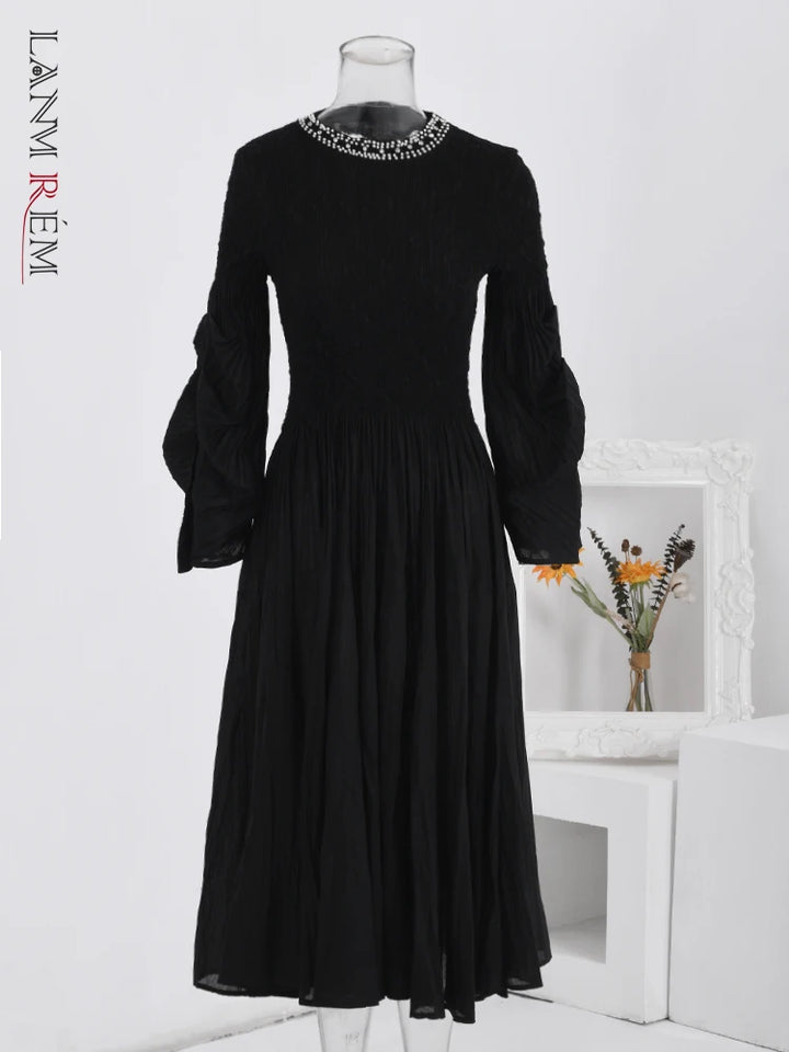 Elegant Pearl Pleated Dress - LANMREM 2024 Fashion Party | Spliced Design Collar, Long Sleeves, Spring New