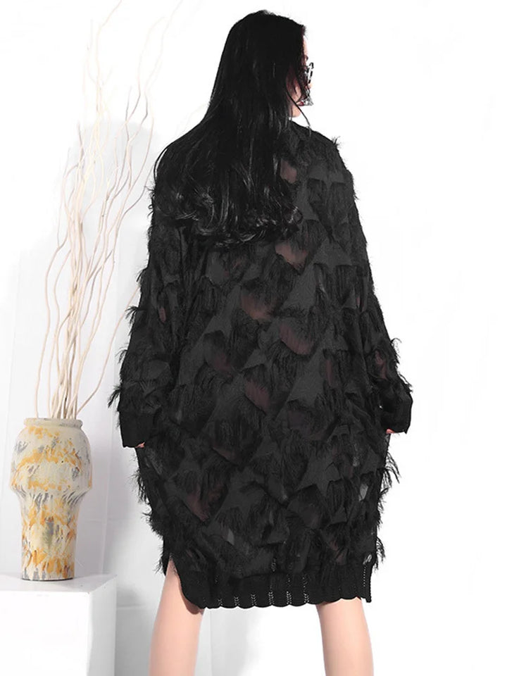 Black Split Joint Dress: Spring/Autumn Fashion, Plus Size, Stand Collar, Perspective, Long Sleeve