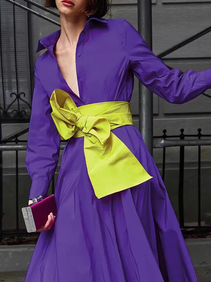 Stylish VGH Colorblock Dress with Bowknot Detail - Sizes S, M, L - Bust 88-96cm, Waist 72-80cm, Length 144-146cm