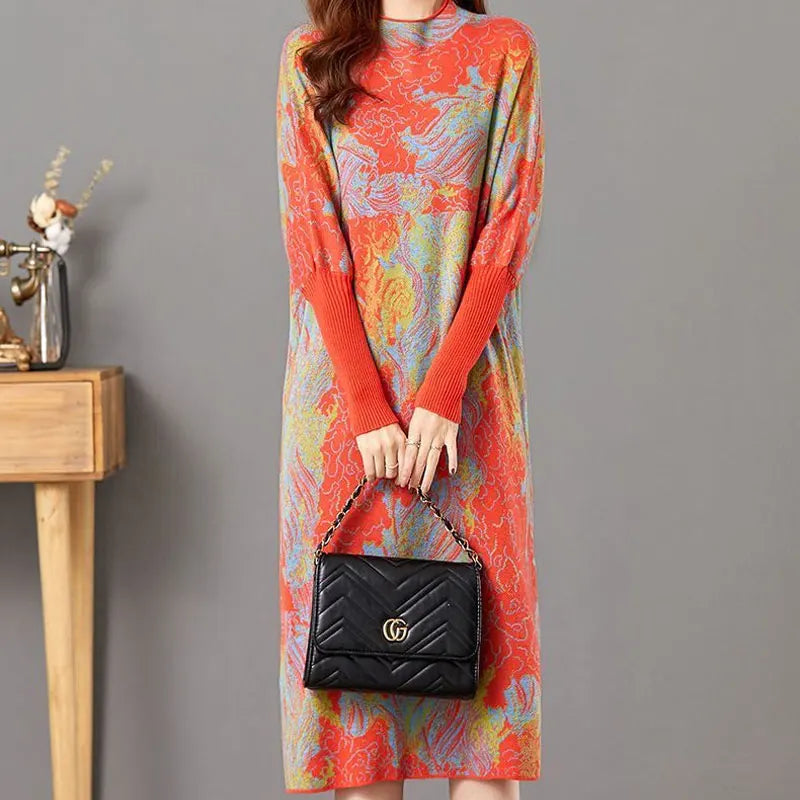 Trendy Folk Tie Dye Midi Dress - Women's Autumn/Winter A-Line - Casual & Cozy!