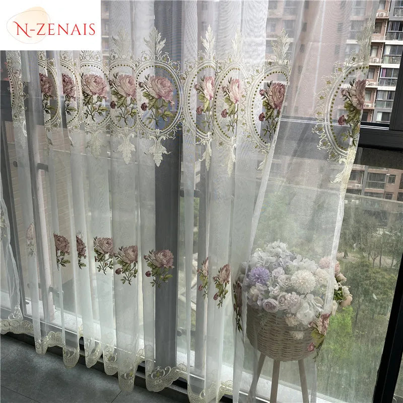 American Luxury Peony Tulle Curtain For Living Room European Elegant Flower Embroidery Sheer Voile Drapes For Bedroom