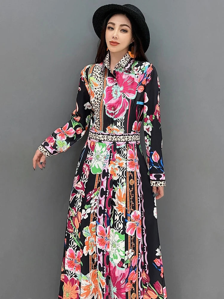 Vintage Printed Dress - Elegant A-line - Floor Length - Spring 2024 - Trendy - Lapel - Women's Fashion
