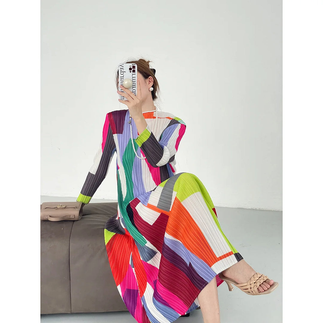 2024 Miyake Pleated Geometric Dress - Feminine Elegance, Slim Fit, French Minimalist Style