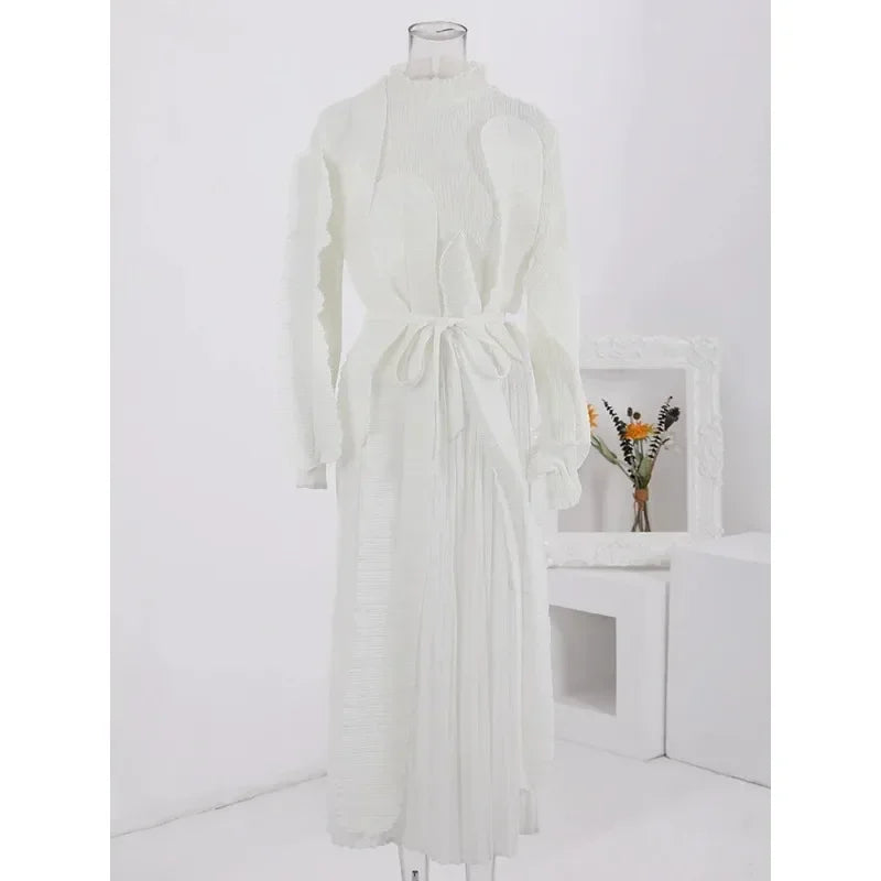 Elegant YUDX Miyake Pleated Ruffles Dress with Belt - 2024 Spring Collection