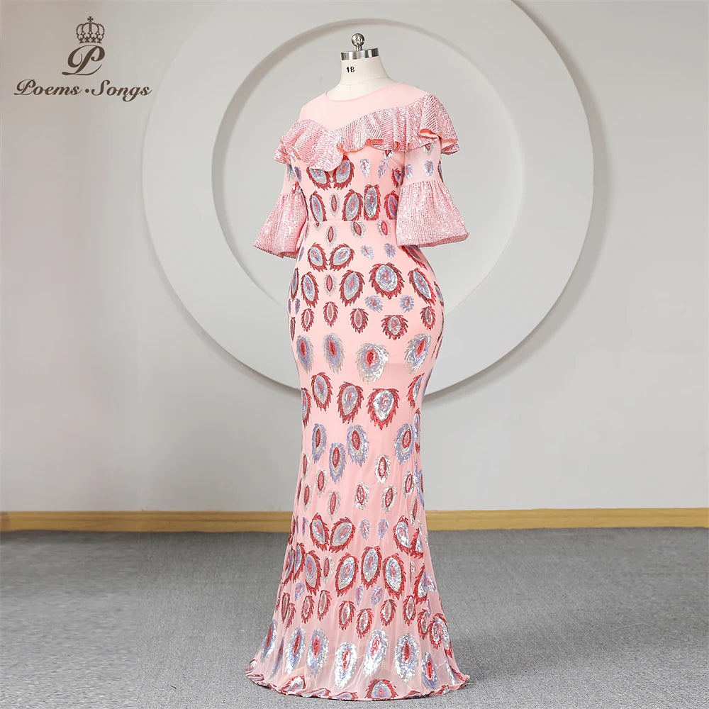 Pink Sequined Mermaid Evening Dress Plus Size