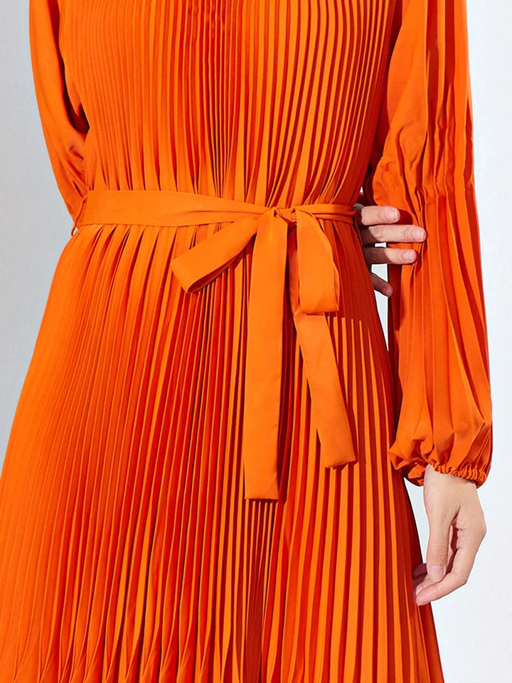 Fashion Pleated Dress with Belt | Loose Fit | Round Neck | Long Sleeves | Solid Color | Festival Clothing