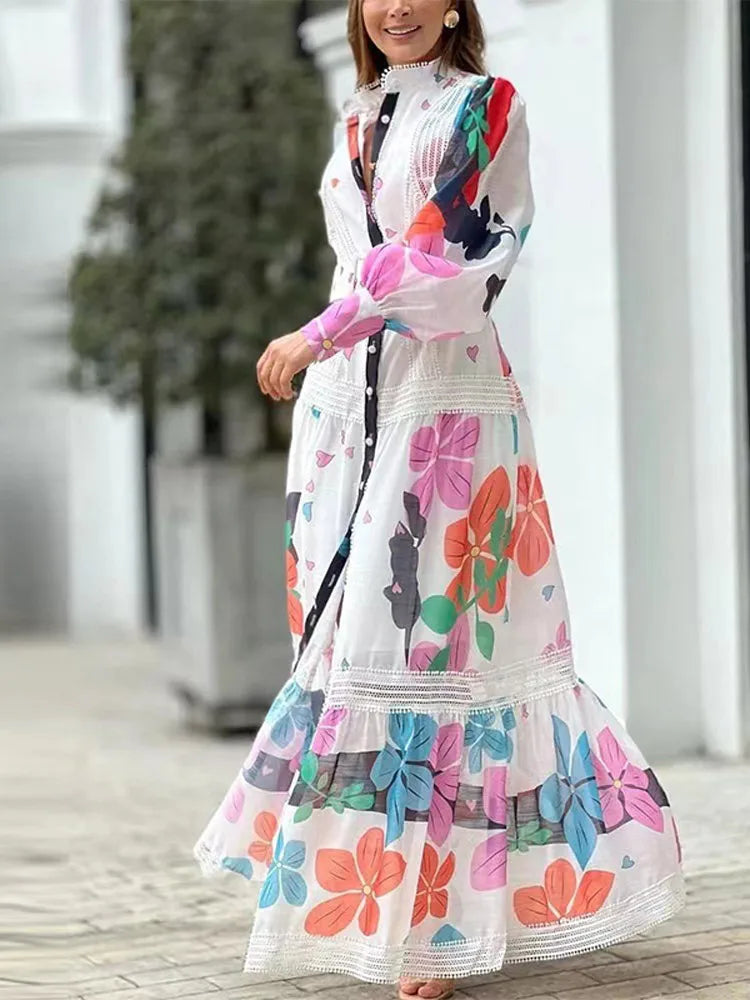 2024 Spring Summer Fashion Dress - Printed Lace V-Neck Loose Lady Robe with Buttoned Waistband