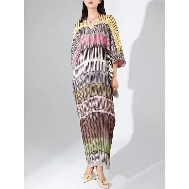 GGHK Miyake Pleated Striped Dress Women V Neck Batwing Sleeve Loose Medium Long 2023 Autumn New Fashion Elegant Female Clothing