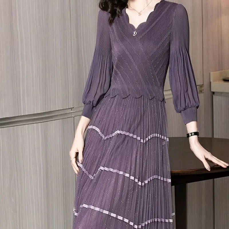 Elegant V-Neck Knitted Dress - Spring/Autumn Collection