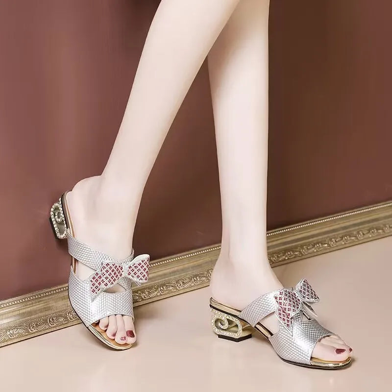 Retro Snakeskin Slides with Rhinestone Detailing and Non-Slip Sole - Perfect for Summer!