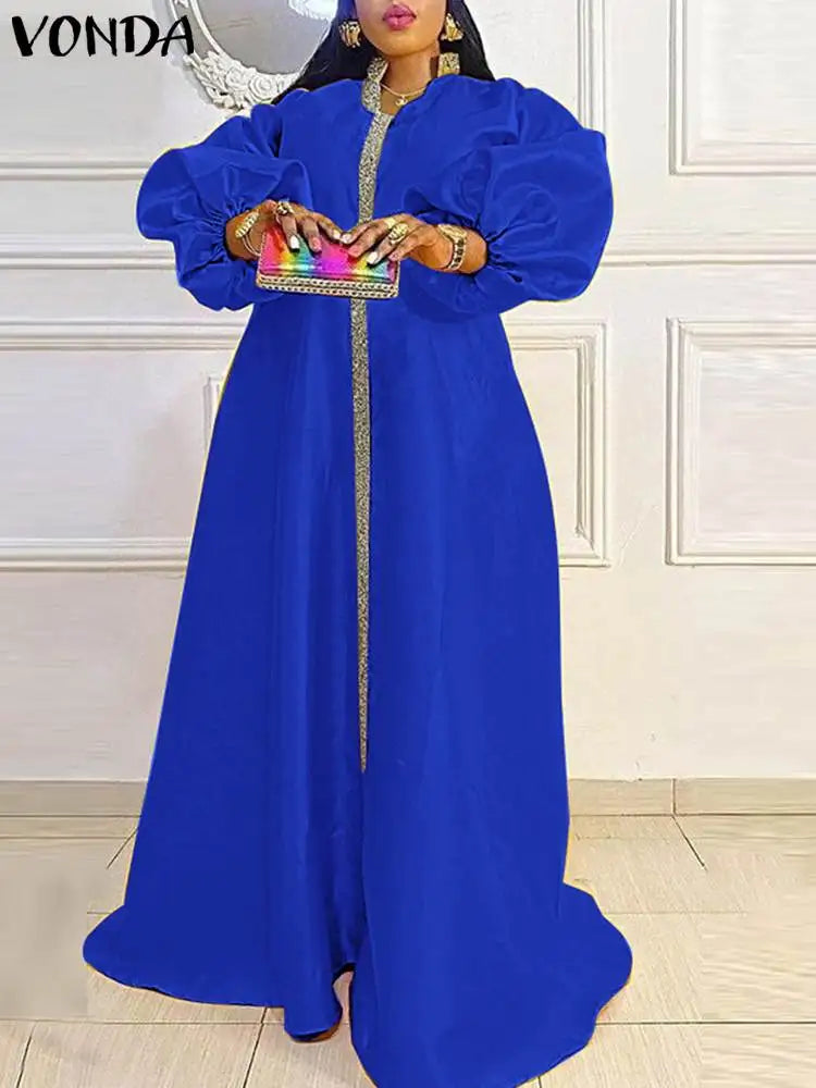 Plus Size 5XL VONDA Women Maxi Dress Autumn Long Lantern Sleeve Sexy V-neck Satin Patchwork Party Sundress Casual Loose Robe