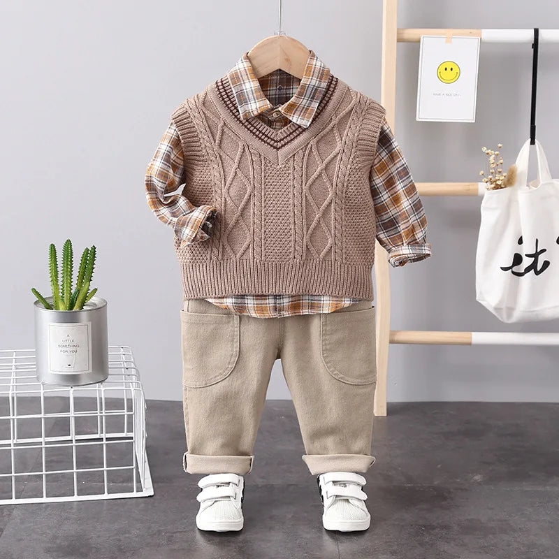 2023 Spring Autumn 3PCS Boys Clothing Set Baby Boys Sweater Vest Long-sleeve Shirts Cargo Pants Clothes Set Infant Children Suit