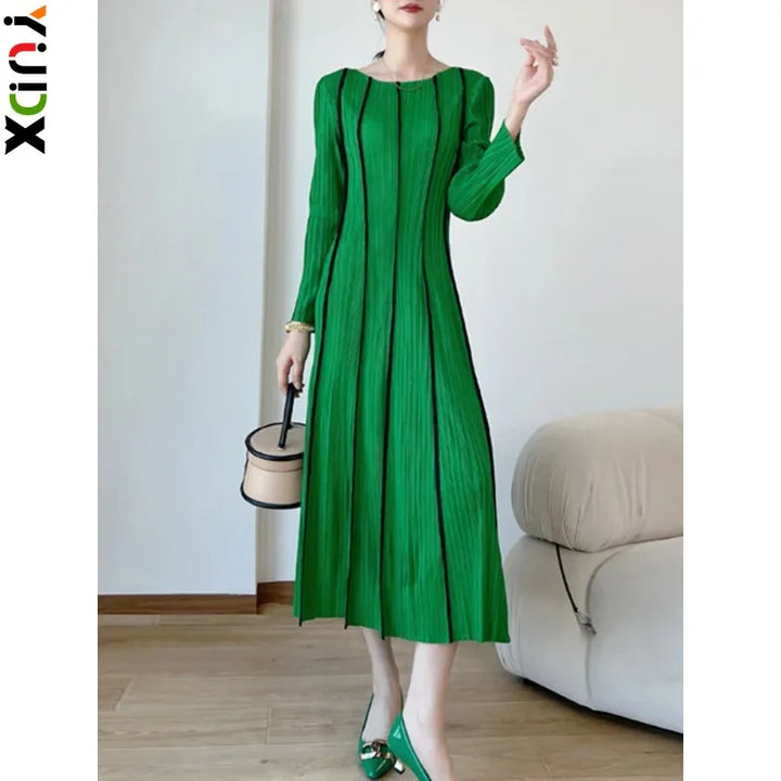 2024 Spring YUDX Miyake Striped Dress - Elegant A Line, Round Collar, Medium Length