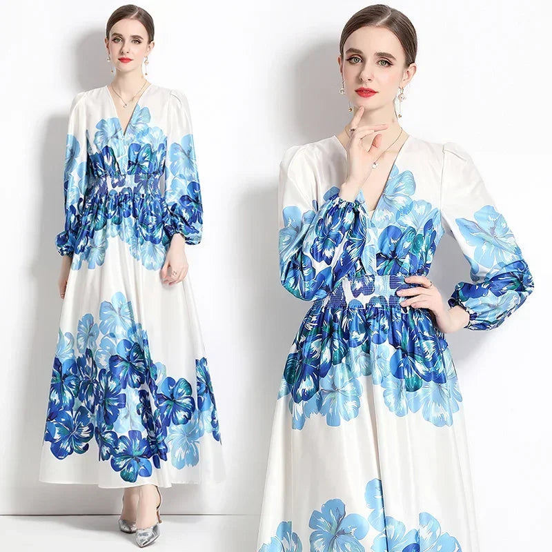 Vintage Floral Print Maxi Dress - Elegant A-line for Women's Party & Vacation