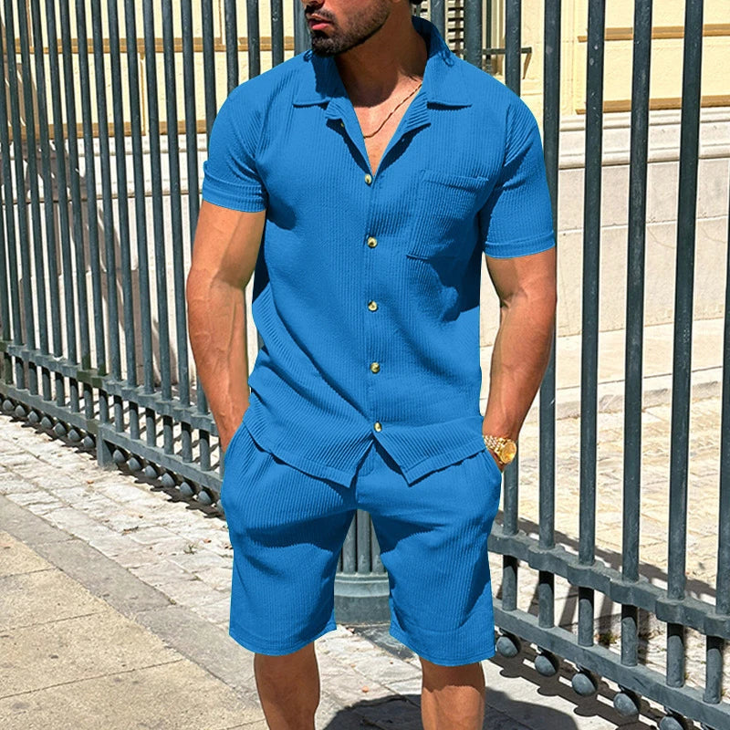 Men's Summer Beach Casual Two Piece Set - Solid Color Loose Short Sleeve Shirts and Shorts