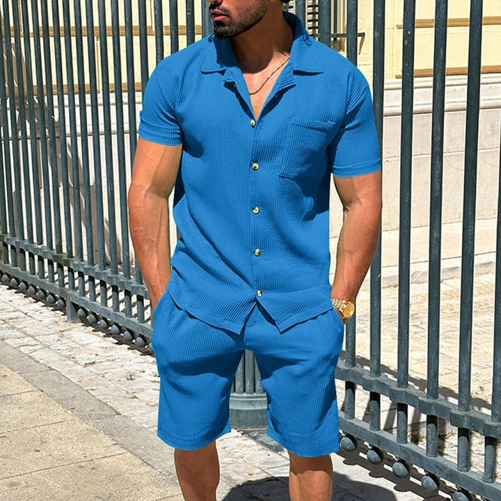 Men's Summer Beach Casual Two Piece Set - Solid Color Loose Short Sleeve Shirts and Shorts