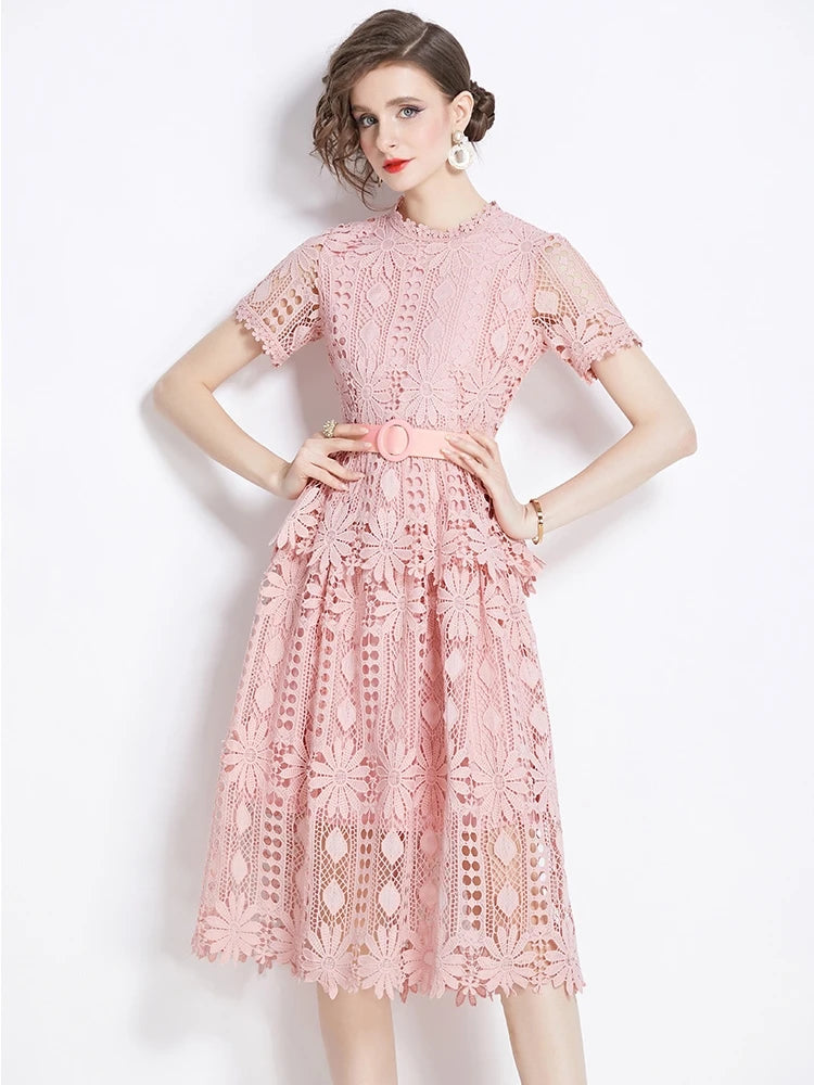 Elegant Lace Crochet Flower Party Dress