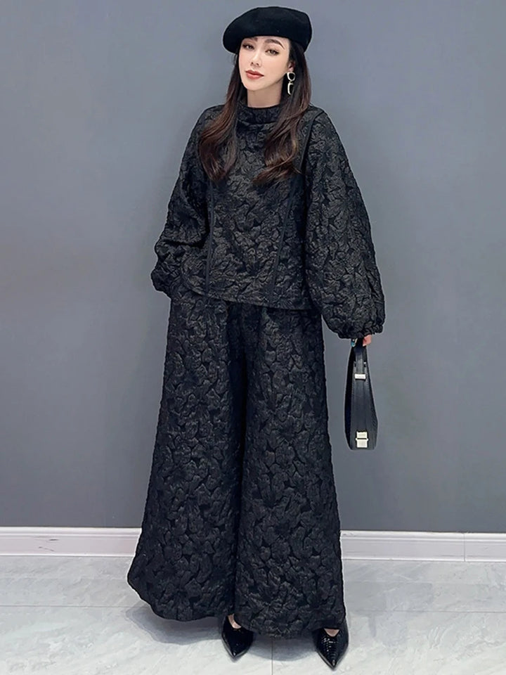 SHENGPALAE Fashion Women's Jacquard 2 Piece Set Casual Full Sleeve Patchwork Pullover Tops Spring 2024 New Wide Leg Pants 5R8783