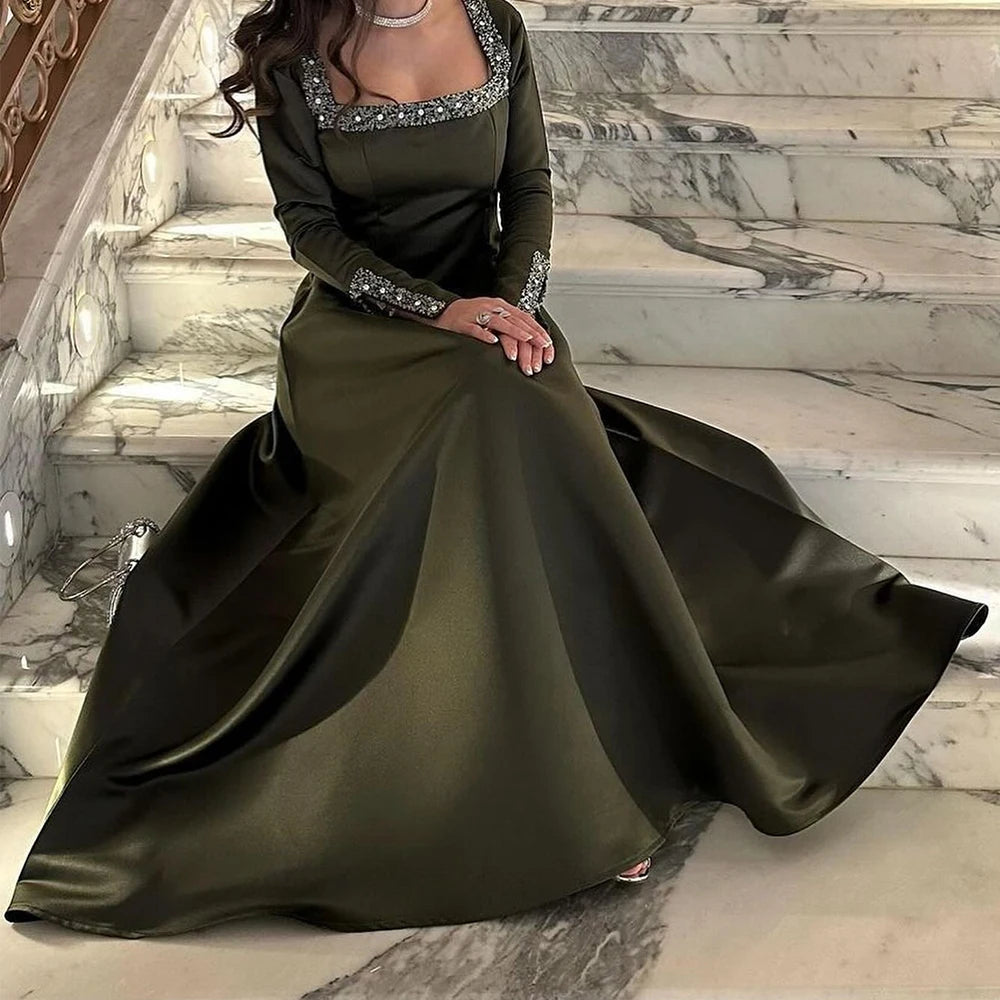 2024 Square Collar Satin Evening Dress with Sequined Crystal Sleeves