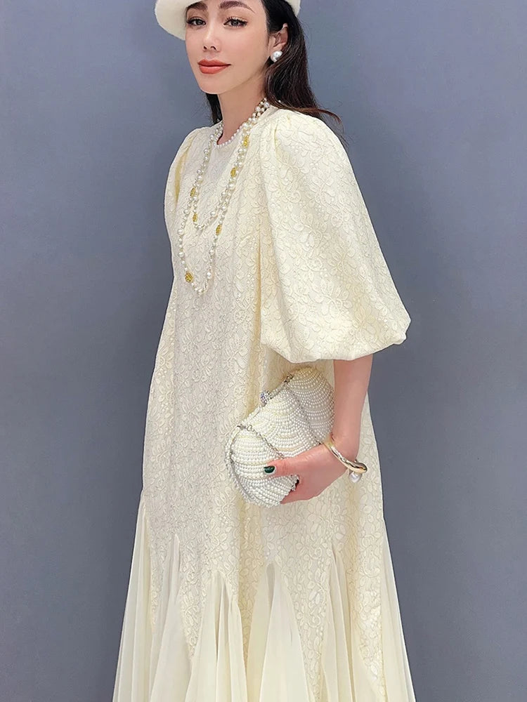 2024 Spring Lace Dress with Beaded Chiffon, Bubble Sleeves and Fishtail - Elegant Women's Wear