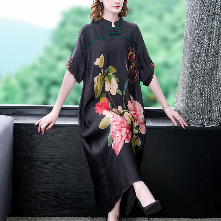 2023 Summer Ethnic Style Silk Dress - Large Flower Print, Loose Fit, Button Closure