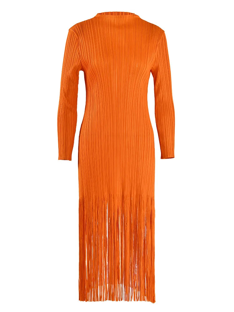 LANMREM Orange Tassel Pleated Dress - Round Neck, Long Sleeves, Party Clothes, Autumn Fashion