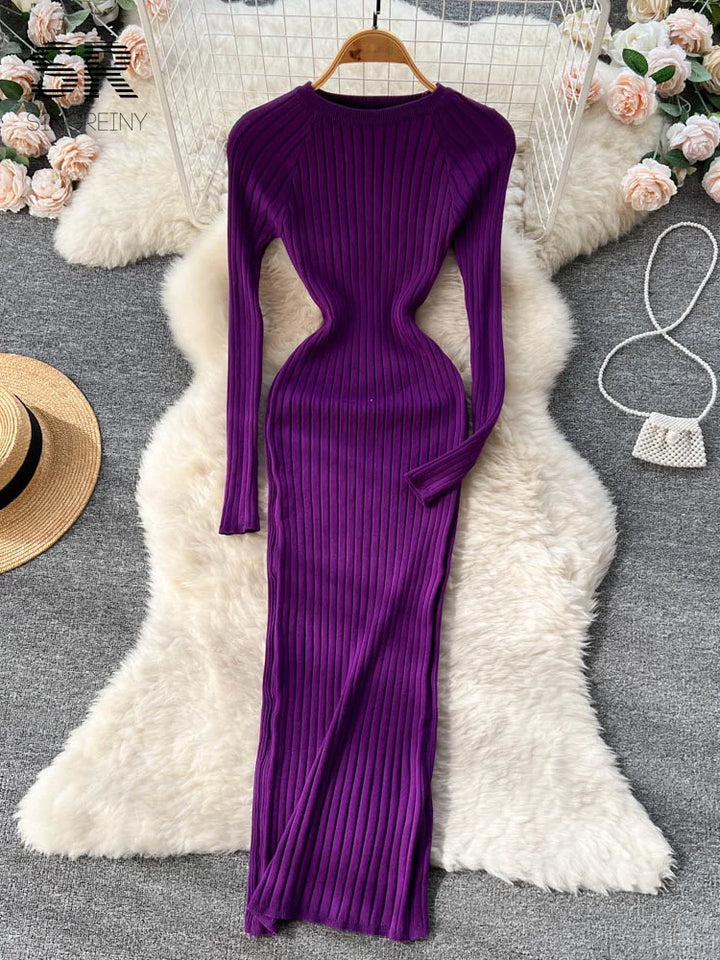 SINGREINY Winter Knit Maxi Dress - Slim Solid Pencil Sweater