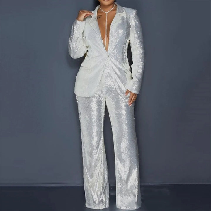 2023 New Suits Sequin 2 Piece Pants Set Lapel Slim Fit Formal Blazer Jackets +Straight Tube Trouser Outfit Female Business Suit