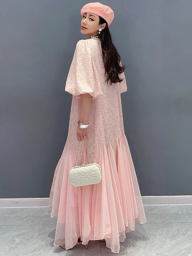 2024 Spring Lace Dress with Beaded Chiffon, Bubble Sleeves and Fishtail - Elegant Women's Wear