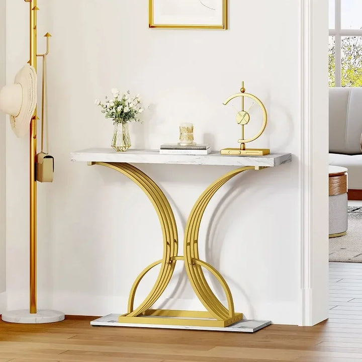 DEXTRUS 40in Gold Narrow Console Table Side  with Faux Marble Top for Living Room Entrance Hallway Entryway