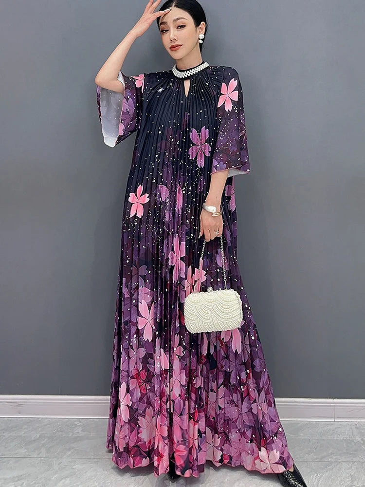 Stunning SHENGPALAE 2024 Spring Summer Women's Dress - Diamond Inlaid, Formal, Printed, Pleated, Large Hem!