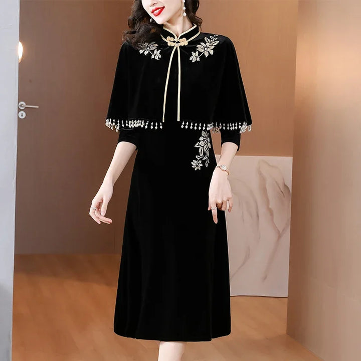 Vintage Chinese Embroidery Midi Dress - Elegant Two Piece Set for Autumn Winter Parties