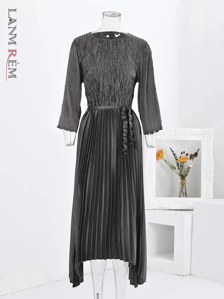 LANMREM Fashion Pleated Dress - Spring 2024 Collection - Long Sleeves, Gathered Waist, Irregular Solid - Women's Sizes S-XL