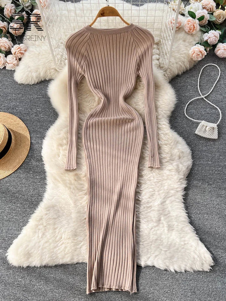 SINGREINY Winter Knit Maxi Dress - Slim Solid Pencil Sweater