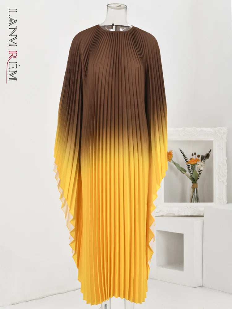 LANMREM Spring Pleated Dress - Women's Fashion 2024 - Contrast Color, Batwing Sleeves, Round Neck - New Clothes - 32C198