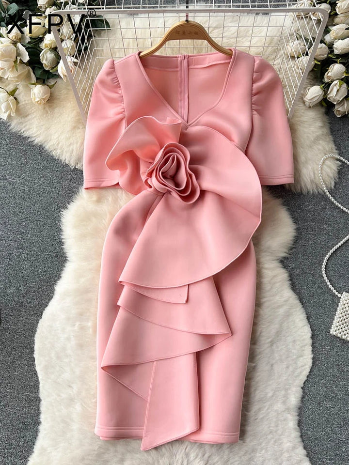 XFPV Women V-neck 3D Flower Ruffle Dress Y2K Sweet Korea Spring Summer 2023
