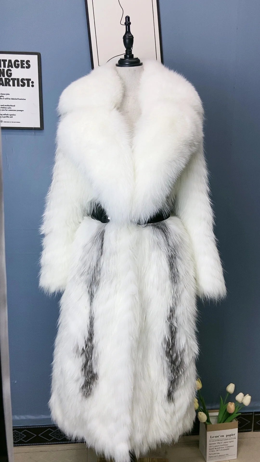 ANNSIRGRA 100% Genuine Fox Fur Jacket x-long Real Fox Fur Coat with Large Turn-down Fox Fur Collar Warm Stylish Fashion Overcoat