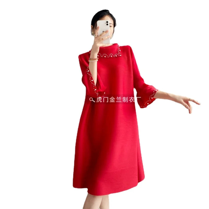 Chic Miyake Beaded Dress for Women - Elegant & Age-Defying Niche Skirt for 2024 Spring/Autumn