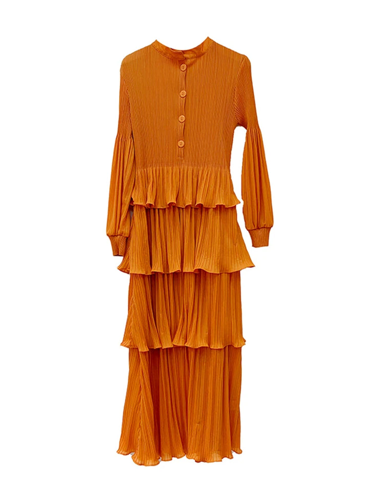 LANMREM Ruffle Pleated Long Dress - 2024 Spring Fashion for Women - Festival Clothing