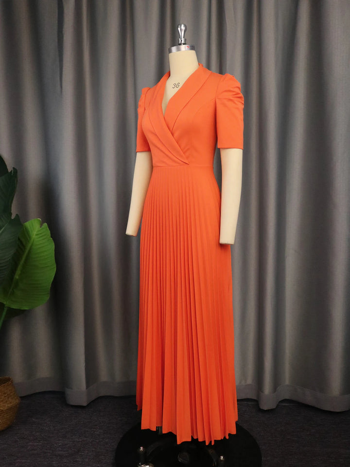 Plus Size V Neck Orange Dress: Long Prom, Office, Cocktail Event Outfit - 142cm Length, 28cm Sleeve