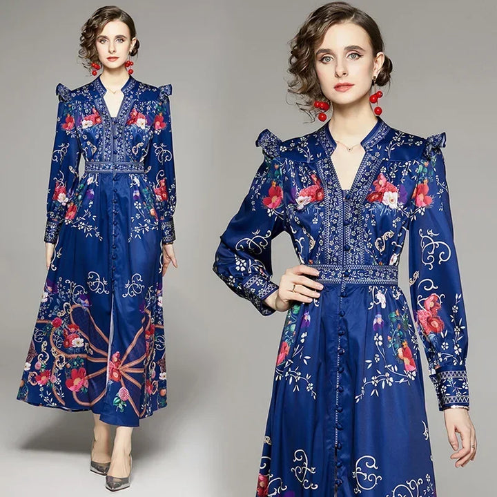 Vintage Floral Print Maxi Dress - Elegant A-line for Women's Party & Vacation