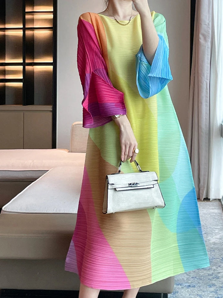 Colorful Print Pleated Dress - Casual A-line Fashion 2023 Autumn - LANMREM