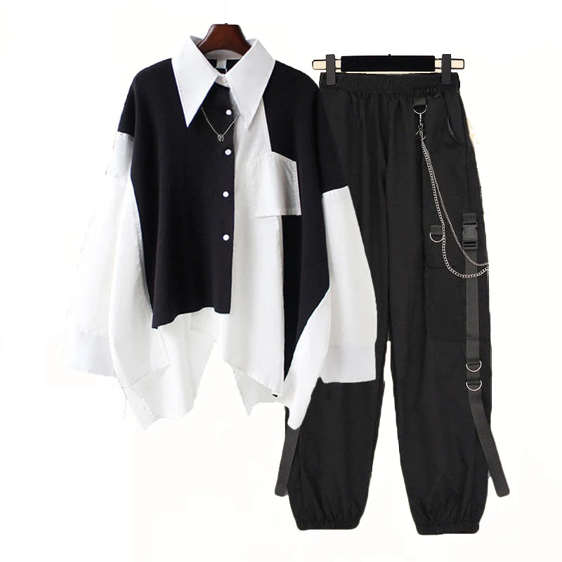 Harajuku Streetwear Two-Piece Set with Chain Accents and Cargo Pants for Women