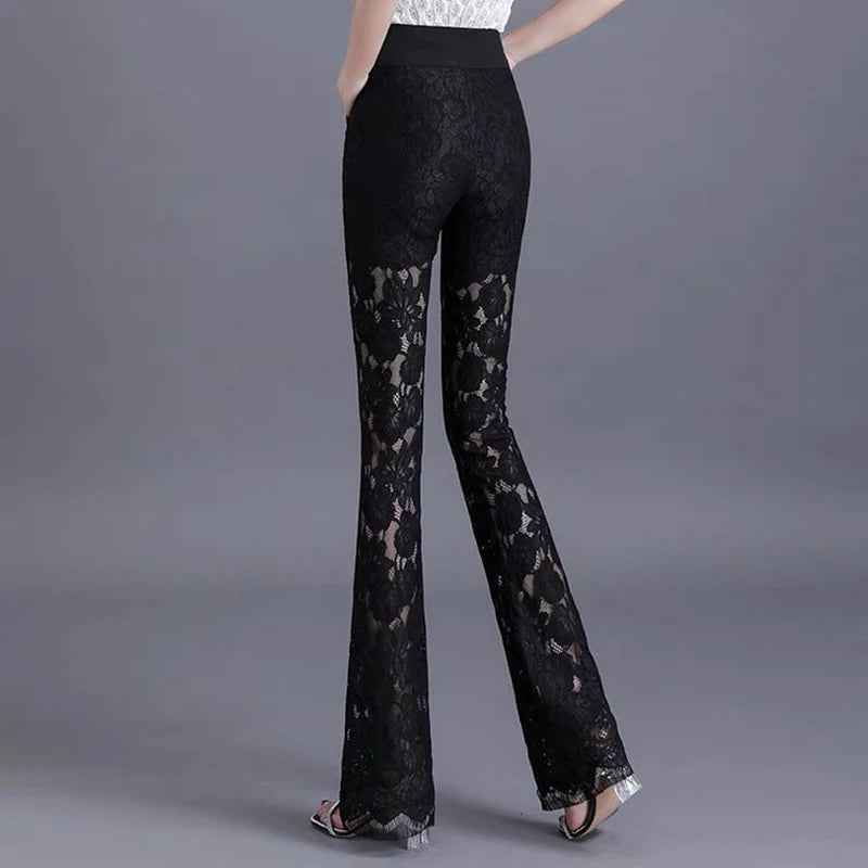 Korean Fashion Lace Patchwork Flare Pants - High Waist, Thin & Elegant for Women - 2023 Collection