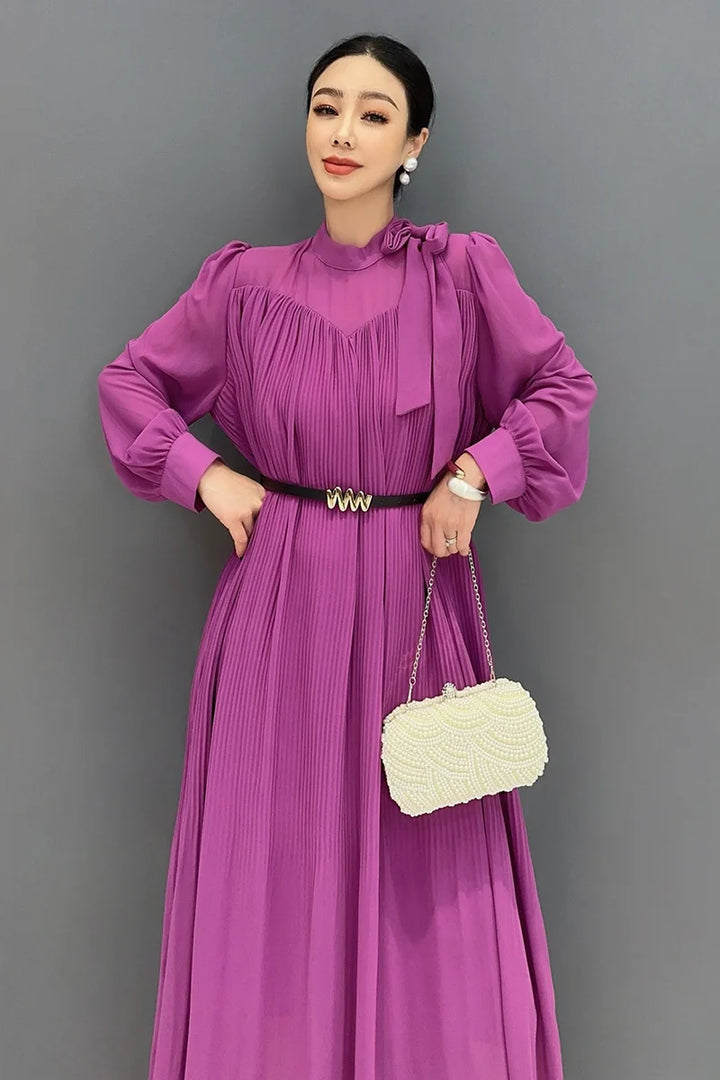 Purple Folds Long Sleeve Dress