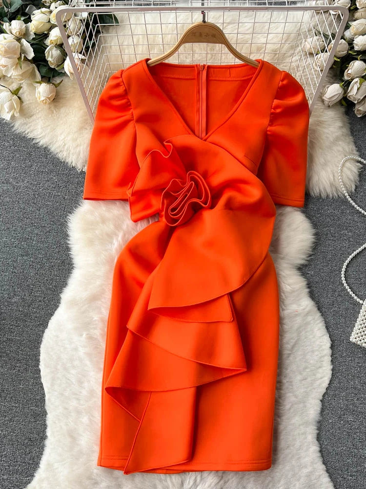 XFPV Women V-neck 3D Flower Ruffle Dress Y2K Sweet Korea Spring Summer 2023