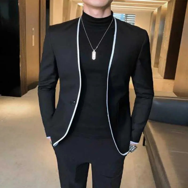 Customizable Black Wedding Tuxedo for Men - Slim Fit Round Collar Suit with Pants - Groomsmen Fashion