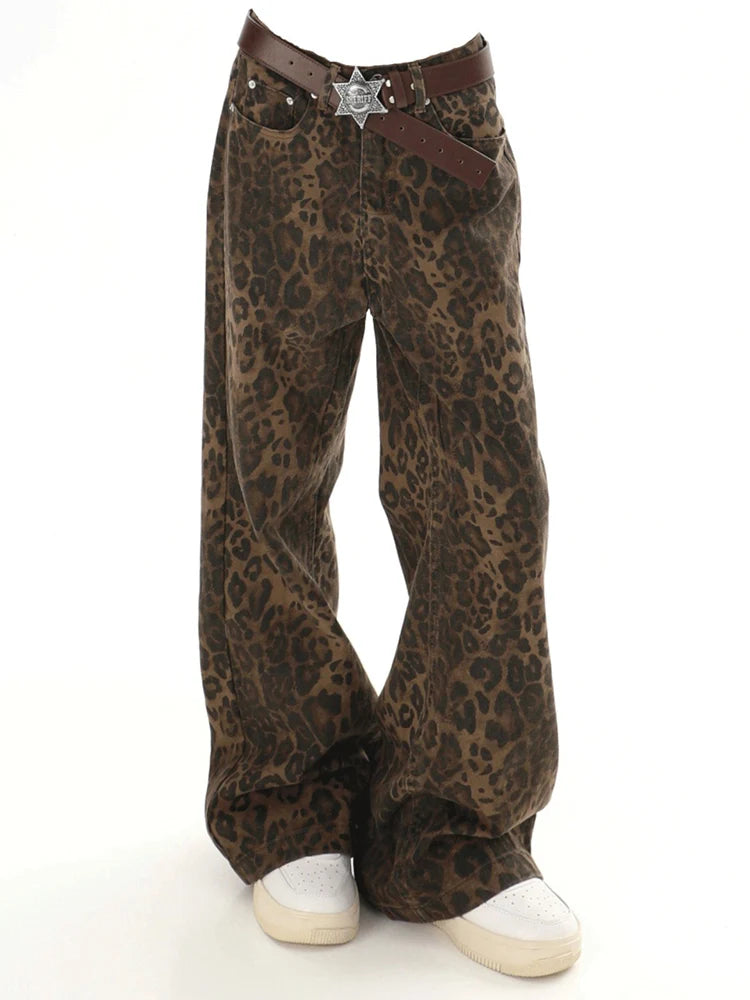 Get Ready to Roar in These Y2K Leopard Print Jeans - Perfect for Streetwear!