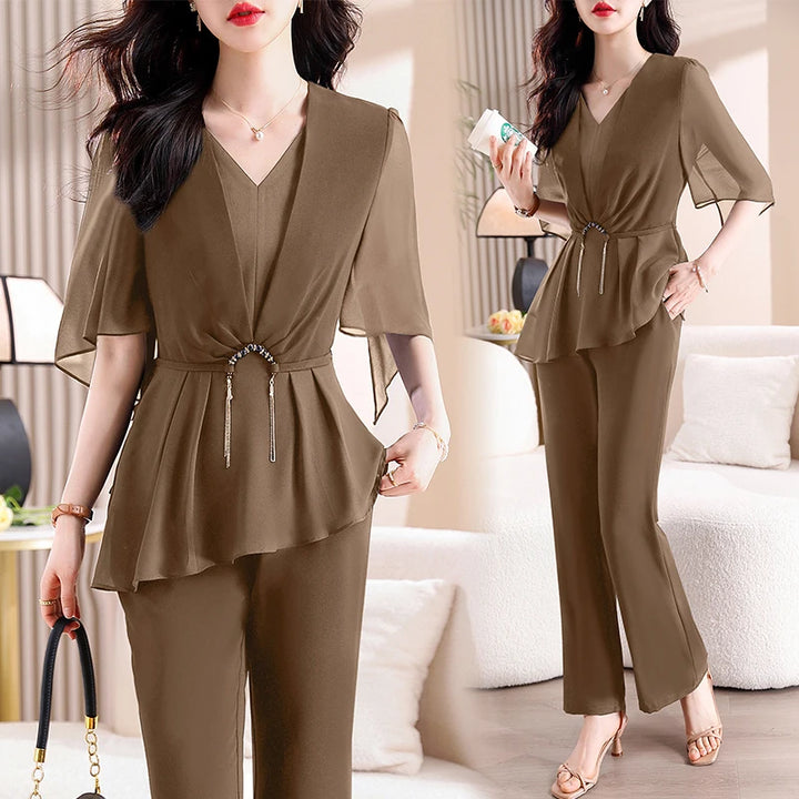 Upgrade Your Office Wardrobe with Chic Two-Piece Sets for Women: V-Neck Tunic Shirt + High-Waist Cropped Pants